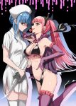  2girls arm_up armpits barefoot bat_earrings between_fingers bikini black_background black_hairband blue_hair blush braid breasts brown_eyes candy closed_mouth commentary_request demon_tail elbow_gloves fake_horns fang fire_emblem fire_emblem:_three_houses food frilled_bikini frilled_gloves frills glint gloves hairband halloween halloween_costume hat highres hilda_valentine_goneril holding holding_food holding_syringe licking lollipop long_hair looking_at_viewer marianne_von_edmund medium_breasts misu_kasumi multiple_girls nurse nurse_cap o-ring o-ring_bikini o-ring_top oversized_object pink_eyes pink_hair profile purple_background purple_gloves shaded_face short_hair short_sleeves sidelocks simple_background swimsuit syringe tail thigh-highs tongue tongue_out torn_clothes twintails upper_teeth very_long_hair white_legwear 