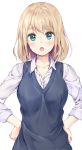  1girl :o aqua_eyes blonde_hair blush dress_shirt hands_on_hips highres medium_hair original pasdar school_uniform shirt simple_background solo sweater_vest white_background 