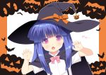  07th_expansion 1girl :o bangs bat black_cape blue_hair blunt_bangs bow bowtie cape claw_pose commentary_request cute eyebrows_visible_through_hair eyes_visible_through_hair fang furude_rika gao gaou halloween hat hat_ribbon higurashi_no_naku_koro_ni jack-o&#039;-lantern loli long_hair looking_at_viewer orange_ribbon outline pink_neckwear ribbon shirt short_sleeves sidelocks solo square_enix studio_deen suspenders translated violet_eyes white_outline white_shirt witch_hat 