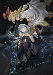  2girls annette_(king&#039;s_raid) armpits astronomy blonde_hair blue_carpet blue_eyes blue_hair boots bow bracelet commentary_request floating flying_carpet garter_straps gold_trim hair_bow heterochromia highres huge_bow jewelry kara_(king&#039;s_raid) king&#039;s_raid leaning_forward long_hair looking_at_another lying multiple_girls night off_shoulder on_back open_mouth red_bow spongeman9214 thigh-highs thigh_boots very_long_hair white_coat yellow_eyes 
