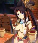  1girl alcohol armor asymmetrical_clothes bangs black_hair blue_eyes blue_panties blunt_bangs breasts brick_wall closed_mouth cup eyebrows_visible_through_hair fate/grand_order fate_(series) highres holding holding_cup japanese_armor kusazuri large_breasts long_hair looking_at_viewer midriff navel no_bra outstretched_arm panties parted_bangs pitcher ponytail shadowsoforacle smile solo sparkle tree under_boob underwear ushiwakamaru_(fate/grand_order) very_long_hair wine 