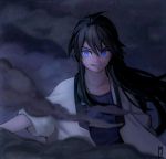  1boy ahoge black_cloud black_hair blue_eyes clouds collarbone hair_between_eyes highres japanese_clothes long_hair male_focus ohil_(ohil822) open_mouth original signature smile solo 