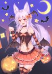  1girl :d animal_ear_fluff animal_ears artist_name bare_shoulders basket bat bow breasts candy cocoasabure collar collarbone commentary_request cowboy_shot crescent_moon crop_top detached_sleeves fang food fox_ears fox_girl fox_tail frills hair_bow halloween halloween_costume hand_up head_wings highres jack-o&#039;-lantern layered_skirt lollipop long_hair looking_at_viewer medium_breasts midriff miniskirt moon navel open_mouth orange_bow orange_skirt original red_bow red_eyes skirt slit_pupils smile solo star striped striped_legwear swirl_lollipop tail thigh-highs white_hair zettai_ryouiki 