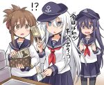  !? akatsuki_(kantai_collection) anchor anchor_symbol bangs black_legwear blue_skirt blush brown_hair flat_cap folded_ponytail hat hibiki_(kantai_collection) highres holding holding_money holding_wallet inazuma_(kantai_collection) kantai_collection kokutou_nikke long_hair long_sleeves money neckerchief open_mouth pleated_skirt ponytail purple_hair red_neckwear sailor_collar school_uniform serafuku shaded_face skirt sweat translation_request wallet white_hair yen 