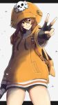  1girl backpack bag baggy_clothes bike_shorts black_gloves black_shorts blush brown_eyes brown_hair fingerless_gloves gloves guilty_gear guilty_gear_2020 hair_between_eyes hat head_tilt highres hood hood_down long_hair looking_at_viewer may_(guilty_gear) orange_headwear orange_hoodie orange_shirt pirate_hat shirt shorts skull_and_crossbones smile solo thighs v white_background 