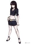  1girl artist_name bangs belt belt_buckle black_hair blunt_bangs bracelet breasts buckle closed_mouth collarbone commentary death_parade english_commentary finalcake full_body jewelry kurokami_no_onna long_hair looking_at_viewer midriff miniskirt navel necklace shirt simple_background sketch skirt small_breasts solo standing white_background 