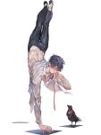  1boy balancing bird black_hair black_pants claude_fermat closed_eyes crow hand_to_own_mouth handstand highres jewelry knife leenim lord_of_dice male_focus official_art open_clothes open_shirt pants ribbon ring solo sweat wet 