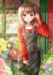  1girl apron breasts brown_eyes brown_hair day florist flower hand_up highres kawanobe long_sleeves looking_at_viewer medium_breasts medium_hair original outdoors plant potted_plant red_sweater solo standing sweater watering_can window 