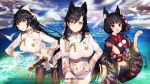 3girls :d animal_ear_fluff animal_ears atago_(azur_lane) azur_lane bangs bell black_hair black_legwear blue_sky blush bow breasts brown_eyes cat_ears closed_mouth clouds compile_heart extra_ears eyebrows_visible_through_hair fang gloves hair_bow hair_flaps hair_ribbon hand_on_hilt highres holding holding_sword holding_weapon idea_factory japanese_clothes katana kimono large_breasts long_hair looking_at_viewer mask mask_on_head military military_uniform miniskirt mole mole_under_eye multiple_girls official_art open_mouth outdoors pantyhose parted_lips pleated_skirt ponytail red_eyes ribbon short_hair sideboob skin_fang skirt sky smile swept_bangs sword takao_(azur_lane) thigh-highs uniform very_long_hair wallpaper watermark weapon white_bow white_legwear white_ribbon yamashiro_(azur_lane) 
