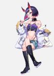  1girl alternate_costume bangs bare_shoulders belt black_legwear boots breasts coat corset crossed_legs denim denim_shorts eyelashes fate/grand_order fate_(series) food fur_trim hand_rest highres hikimayu horns looking_at_viewer midriff multicolored_hair navel off_shoulder olys oni open_mouth popsicle purple_hair short_hair shorts shuten_douji_(fate/grand_order) sitting sleeves_past_wrists small_breasts solo thong two-tone_hair violet_eyes winter_clothes winter_coat 