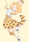  1girl :3 :d absurdres animal_ear_fluff animal_ears bare_shoulders blonde_hair blush boots bow bowtie commentary extra_ears fang full_body highres kemono_friends kona_ming looking_at_viewer open_mouth paw_pose print_legwear print_neckwear print_skirt serval_(kemono_friends) serval_ears serval_print serval_tail shirt short_hair simple_background skirt sleeveless sleeveless_shirt smile solo tail thigh-highs white_footwear white_shirt yellow_background yellow_eyes 