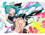  1girl :d ^_^ bare_shoulders bass_clef beamed_eighth_notes black_legwear black_skirt blue_hair blue_nails blurry border closed_eyes colorful cursor depth_of_field detached_sleeves eyelashes fingernails floating_hair gradient grey_shirt happy hatsune_miku heart highres holding_hands iihoneikotu long_hair long_sleeves multicolored musical_note open_mouth paper pleated_skirt pov pov_hands pulling sheet_music shirt skirt sleeveless sleeveless_shirt smile solo sparkle teeth thigh-highs tongue treble_clef twintails upper_teeth very_long_hair vocaloid white_border wind wind_lift 