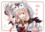  1girl artist_name baileys_(tranquillity650) black_serafuku blonde_hair commentary_request eyebrows_visible_through_hair fang fur_scarf gloves hair_between_eyes hair_flaps hair_ornament hair_ribbon hairclip halloween_costume highres kantai_collection looking_at_viewer neckerchief one_eye_closed paw_gloves paw_pose paws red_eyes red_neckwear remodel_(kantai_collection) ribbon sailor_collar school_uniform serafuku signature sketch solo wolf_hood wolf_paws yuudachi_(kantai_collection) 