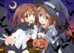  2girls alternate_costume back_bow bat black_cape bow bowtie brown_eyes brown_hair cape collarbone commentary_request cookie crescent_moon fang folded_ponytail food hair_ornament hairclip halloween hat highres hizuki_yayoi holding_lollipop ikazuchi_(kantai_collection) inazuma_(kantai_collection) kantai_collection long_skirt long_sleeves moon multiple_girls night night_sky open_mouth pumpkin shirt short_hair shorts skin_fang skirt sky v white_shirt witch_hat 