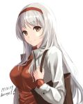  1girl alternate_costume artist_name bag brown_eyes dated hairband jacket kantai_collection long_hair long_sleeves looking_at_viewer red_hairband red_shirt shirt shoukaku_(kantai_collection) simple_background smile solo u0709 upper_body white_background white_hair white_jacket 
