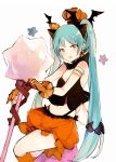  1girl :d aqua_hair bangs bare_shoulders black_camisole black_wings blush brown_eyes bubble_skirt camisole crypton_future_media eyebrows_visible_through_hair fang gloves halloween hatsune_miku head_wings kneehighs long_hair looking_at_viewer lpip moe navel open_mouth orange_gloves orange_legwear orange_skirt pumpkin simple_background skirt smile solo star twintails very_long_hair vocaloid white_background wings yamaha_(company) 