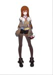  1girl absurdres bangs belt black_legwear black_shorts boots bottle breasts brown_hair closed_eyes collar collared_shirt dr_pepper dxy envelope frown full_body highres holding holding_bottle holding_envelope jacket legwear_under_shorts long_hair long_sleeves looking_at_viewer makise_kurisu necktie pantyhose pixel_art red_neckwear shirt shorts simple_background soda solo standing steins;gate violet_eyes white_background 