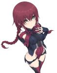  1girl alice_gear_aegis blush braid covered_navel eyebrows_visible_through_hair fujino_yayoi green_eyes hand_on_own_chest kazuoki leggings leotard looking_at_viewer redhead simple_background solo standing white_background 