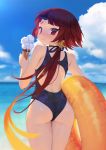  1girl absurdres ass back back_cutout bangs bare_arms benienma_(fate/grand_order) blonde_hair blue_swimsuit blush charles_(106858) closed_mouth clouds cloudy_sky cone eyebrows_visible_through_hair fate/grand_order fate_(series) furrowed_eyebrows hair_ribbon highleg highleg_swimsuit highres horns lifebuoy long_hair looking_at_viewer looking_back low_ponytail multicolored_hair ocean one-piece_swimsuit outdoors parted_bangs ponytail red_eyes redhead ribbon sky smile solo swimsuit thighs two-tone_hair 
