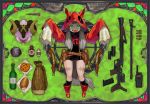  1girl animal_ears animal_head bangs black_legwear blood boots border bottle bread bullet copyright_name drawstring english_text fanny_pack food full_body green_background green_eyes grey_hair gun handgun hood hood_up kneehighs leotard long_hair long_sleeves looking_at_viewer nail nowaki_nakasane open_mouth outstretched_arms pie poison pouch red_footwear red_hood rock scar shaded_face sheep_head skull_print sleeves_past_fingers sleeves_past_wrists solo split_theme stained_glass the_boy_who_cried_wolf tongue tongue_out turtleneck walkie-talkie weapon weapon_request wheel wolf_ears wolf_hood zombie_pose 