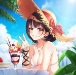  1girl absurdres bangs bikini black_hair blue_sky blush bow breasts cake chair cherry clouds collarbone day elbows_on_table food fruit glass grin hand_up hat hat_bow highres ice_cream inchangboy2 jewelry lips looking_at_viewer medium_breasts original outdoors palm_tree parfait pendant pocky sitting sky slice_of_cake smile solo straw_hat strawberry sunlight swimsuit table tree upper_body v wafer water_drop white_bikini 