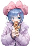  1girl ankkoyom biting blue_eyes blue_hair blush bow bread coat eating eyes_visible_through_hair food grey_sweater hair_bow hair_ornament hair_over_one_eye highres holding holding_food long_sleeves looking_at_viewer pepperoni pink_bow re:zero_kara_hajimeru_isekai_seikatsu rem_(re:zero) short_hair simple_background solo sweater towel towel_on_head upper_body white_background winter_clothes winter_coat wrapper x_hair_ornament 