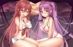  2girls artist_name bangs bare_shoulders bat bikini black_tail blue_bikini blush breasts collarbone commentary_request copyright_request demon_girl demon_tail eyebrows_visible_through_hair hair_between_eyes kaptivate large_breasts long_hair looking_at_viewer moon multiple_girls navel necktie pointy_ears red_neckwear redhead smile striped striped_bikini succubus swimsuit tail tali twintails very_long_hair wavy_mouth white_bikini 