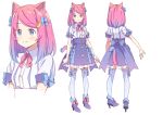  1girl animal_ears blue_eyes boots bow cat_ears cat_tail collage commentary_request frilled_skirt frills full_body garter_straps gradient_hair gradient_tail hair_bow hair_ornament hair_ribbon hairclip high_heel_boots high_heels kanzaki_hiro medium_hair multicolored_hair multiple_views neck_ribbon original pink_hair ribbon short_sleeves skirt striped striped_legwear tail thigh-highs vertical-striped_legwear vertical_stripes 