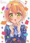  1girl :o ahoge bangs blazer blue_bow blue_jacket blue_neckwear blush bow bowtie character_name confetti dated eyebrows_visible_through_hair green_eyes hands_up happy_birthday hoshizora_rin jacket long_sleeves looking_at_viewer love_live! love_live!_school_idol_project necocafe_lili open_mouth orange_hair otonokizaka_school_uniform school_uniform short_hair simple_background solo surprised tareme upper_body white_background 