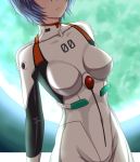  1girl ayanami_rei blue_eyes bodysuit breasts dutch_angle expressionless full_moon head_out_of_frame highres medium_breasts moon neon_genesis_evangelion plugsuit ruaranhroi solo 
