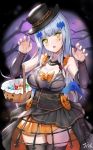  1girl bangs bat_hair_ornament bat_wings black_headwear black_legwear blue_hair blue_wings blunt_bangs blush breasts candy claw_pose commentary_request corset cowboy_shot detached_sleeves dress eyebrows_visible_through_hair facial_mark food girls_frontline green_eyes hair_ornament halloween halloween_basket halloween_costume hands_up hat head_tilt hk416_(girls_frontline) long_hair looking_at_viewer orange_skirt purple_nails qian_wu_atai skirt solo thigh-highs very_long_hair wings 