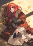  1girl absurdres ahoge autumn autumn_leaves bangs blue_eyes book breasts commentary_request go-toubun_no_hanayome hair_between_eyes hair_ornament highres holding holding_book large_breasts leaf leaf_on_head long_hair long_sleeves looking_at_viewer lying nakano_itsuki nys open_book parted_lips red_sweater redhead ribbed_sweater solo sweater 