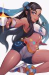  1girl :d armpits ass bare_shoulders belt black_hair blue_eyes blush breasts dark_skin eyeliner forehead gloves highres inchore long_hair looking_at_viewer makeup midriff navel open_mouth poke_ball pokemon pokemon_(game) pokemon_swsh rurina_(pokemon) sandals shorts smile solo teeth 