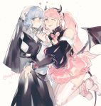  2girls blue_hair brown_eyes closed_mouth cross demon_horns demon_tail demon_wings fake_horns fire_emblem fire_emblem:_three_houses habit halloween_costume highres hilda_valentine_goneril holding horns long_hair long_sleeves marianne_von_edmund multiple_girls nun olopheris one_eye_closed pink_eyes pink_hair puffy_sleeves simple_background tail thigh-highs tongue tongue_out twintails twitter_username white_background wings 