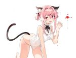  1girl :d aiko_(kanl) all_fours animal_ear_fluff animal_ears bare_arms bare_shoulders barefoot black_neckwear blood blood_on_face breasts cat_ears cat_girl cat_tail claw_pose fang frills hair_intakes hair_ornament hand_up injury long_hair looking_at_viewer medium_breasts neck_ribbon no_pants open_mouth original panties ribbon shirt short_twintails simple_background sleeveless sleeveless_shirt smile solo tail thighs twintails underwear white_background white_panties white_shirt x_hair_ornament 