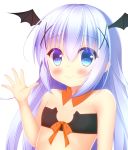  1girl bandeau bangs bare_arms bare_shoulders bat_wings black_wings blue_eyes blue_hair blush bow closed_mouth commentary_request eyebrows_visible_through_hair gochuumon_wa_usagi_desu_ka? hair_between_eyes hair_ornament halloween head_wings heterochromia kafuu_chino long_hair orange_bow simple_background smile solo upper_body white_background wings x_hair_ornament yukatama 