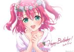 1girl :d aqua_eyes bangs blue_flower blush dated eyebrows_visible_through_hair flower flower_wreath frilled_sleeves frills hair_ornament hairclip hands_up happy_birthday head_wreath kurosawa_ruby looking_at_viewer love_live! love_live!_sunshine!! open_mouth pink_flower puffy_short_sleeves puffy_sleeves shirt short_hair short_sleeves smile solo twitter_username two_side_up upper_body white_shirt winged_hair_ornament 