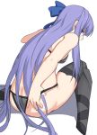  1girl ass back bangs bare_shoulders bikini black_bikini blue_eyes blue_ribbon blush breasts commentary_request fate/grand_order fate_(series) greaves long_hair looking_at_viewer looking_back meltryllis meltryllis_(swimsuit_lancer)_(fate) prosthesis prosthetic_leg purple_hair ribbon shiseki_hirame simple_background small_breasts solo swimsuit thighs very_long_hair white_background 