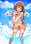  1girl absurdres bangs bikini blush brown_eyes brown_hair clouds commentary_request day eyebrows_visible_through_hair hair_ribbon hat highres hpb8642 idolmaster idolmaster_cinderella_girls long_hair looking_at_viewer midriff navel one_side_up open_mouth pink_legwear red_ribbon ribbon shimamura_uzuki short_sleeves skirt smile solo striped striped_bikini swimsuit thigh-highs upper_teeth white_skirt 