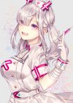  1girl :d bandaged_arm bandages blush breasts cross eyebrows_visible_through_hair eyes_visible_through_hair from_side gloves grey_background hair_ornament hair_over_one_eye hat highres holding holding_syringe large_breasts long_hair looking_at_viewer looking_to_the_side me_meel mole mole_under_eye nijisanji nurse nurse_cap open_mouth short_sleeves silver_hair smile solo sukoya_kana syringe teeth twintails upper_body violet_eyes virtual_youtuber white_gloves wing_collar x_hair_ornament 