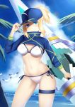  1girl absurdres artoria_pendragon_(all) baseball_cap bikini bird blonde_hair blue_eyes blue_headwear blue_sky breasts closed_mouth clouds day fate/grand_order fate_(series) hat highres leg_garter long_sleeves looking_at_viewer medium_breasts mysterious_heroine_xx_(foreigner) nestea ocean outdoors palm_tree polearm revision seagull shrug_(clothing) side-tie_bikini sky solo spear standing swimsuit tree twinmyniad weapon white_bikini 