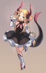  1girl abigail_williams_(fate/grand_order) bangs black_bow black_dress blonde_hair blue_eyes blush boots bow cosplay curled_horns detached_sleeves dragon_girl dragon_horns dragon_tail dress elizabeth_bathory_(fate) elizabeth_bathory_(fate)_(all) elizabeth_bathory_(fate)_(cosplay) eyebrows_visible_through_hair fang fate/extra fate/extra_ccc fate/grand_order fate_(series) forehead full_body hair_bow hand_up high_heel_boots high_heels highres horns knee_boots long_hair long_sleeves looking_at_viewer miya_(pixiv15283026) open_mouth orange_bow parted_bangs polka_dot polka_dot_bow sleeves_past_wrists smile solo spiked_boots spiked_footwear spikes standing standing_on_one_leg tail tail_raised v v-shaped_eyebrows very_long_hair white_footwear white_sleeves 