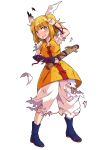  1girl alphes_(style) arm_up armor baggy_pants bangs blonde_hair blue_footwear blunt_bangs bob_cut boots cracked dairi double_bun eyebrows_visible_through_hair full_body hair_between_eyes haniwa_(statue) highres holding joutouguu_mayumi looking_at_viewer open_mouth pants parody puffy_short_sleeves puffy_sleeves red_ribbon ribbon short_hair short_sleeves solo standing style_parody tachi-e tears torn_clothes torn_pants touhou transparent_background vambraces white_pants white_ribbon yellow_eyes 