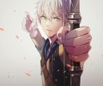  &gt;:( 1boy ashe_ubert bangs bow_(weapon) closed_mouth fire_emblem fire_emblem:_three_houses garreg_mach_monastery_uniform gradient gradient_background green_eyes grey_background hair_between_eyes holding holding_bow_(weapon) holding_weapon long_sleeves looking_at_viewer male_focus outstretched_arm school_uniform serious silver_hair solo tokikayu upper_body weapon 