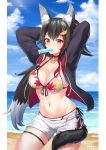  1girl absurdres animal_ear_fluff animal_ears arms_behind_head artist_name beach bikini bikini_under_clothes black_hair blue_sky breasts clouds collar collarbone day eyebrows_visible_through_hair food hair_ornament highres hololive jacket large_breasts leg_belt long_sleeves looking_at_viewer mouth_hold navel ocean ookami_mio open_clothes open_jacket outdoors ponytail popsicle short_hair shorts sky solo swimsuit tail virtual_youtuber white_shorts wolf_ears wolf_girl wolf_tail yellow_eyes youl 