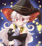 1girl corrin_(fire_emblem) corrin_(fire_emblem)_(female) detached_collar eromame fire_emblem fire_emblem_fates hat long_hair long_sleeves nintendo open_mouth pointy_ears red_eyes solo twitter_username upper_body white_hair witch_costume witch_hat