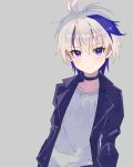  1girl androgynous collar collarbone commentary expressionless flower_(vocaloid) grey_background grey_shirt highres jacket light_blush looking_at_viewer multicolored_hair note55885 purple_hair purple_jacket shirt short_hair simple_background solo standing streaked_hair upper_body v_flower_(vocaloid4) violet_eyes vocaloid white_hair 