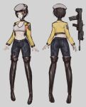  assault_rifle bangs beret black_footwear boots brown_hair character_sheet denim from_behind green_eyes grey_headwear gun hat highres jacket jeans looking_at_viewer mahou_arms midriff multicolored_hair navel official_art open_hands orange_hair pants rifle short_hair softmode sports_bra streaked_hair susan_(mahou_arms) thigh-highs thigh_boots v-shaped_eyebrows weapon white_sports_bra yellow_jacket 