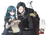  1boy 2girls belt black_hair blonde_hair blue_eyes blue_hair byleth_(fire_emblem) byleth_eisner_(female) cape closed_mouth edelgard_von_hresvelg fire_emblem fire_emblem:_three_houses headpiece holding holding_paper horns hubert_von_vestra multiple_girls paper robaco short_hair simple_background white_background 