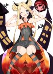  1girl abigail_williams_(fate/grand_order) absurdres bangs bare_arms bare_shoulders bat black_legwear blonde_hair blue_eyes collarbone commentary double_bun dress facial_mark fate/grand_order fate_(series) halloween highres horns kneehighs long_hair looking_at_viewer one_eye_closed orange_legwear parted_bangs sitting smile solo yukaa 